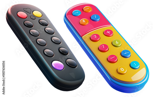 set of colorful remote control. electronic device. 3D cartoon animation style. photo