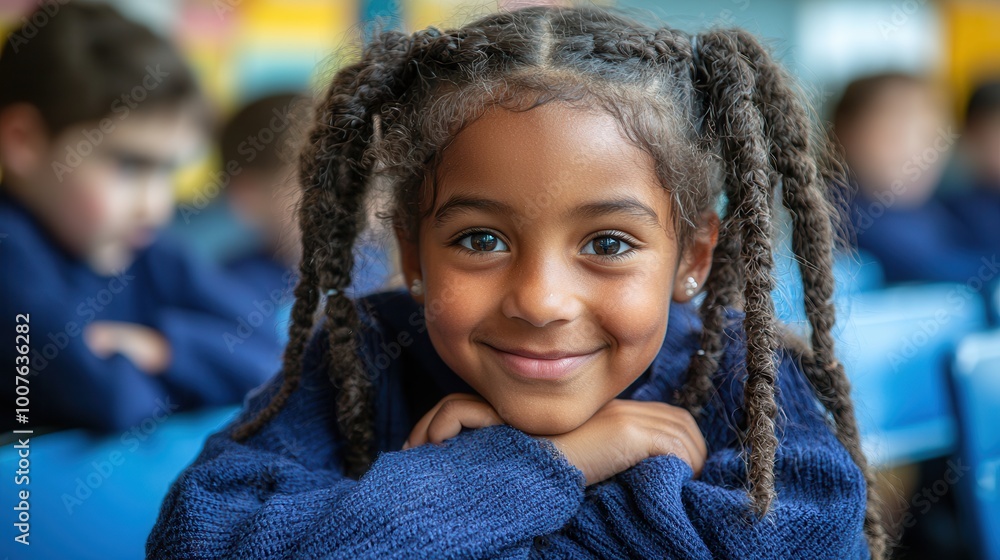 Smiling Girl with Braids in Classroom Setting Smiling Girl with Braids in Classroom Setting
