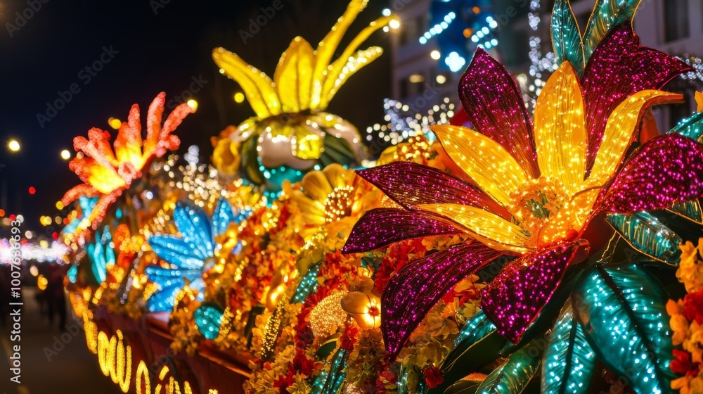 Naklejka premium Illuminated Floral Display with Multicolored Lights