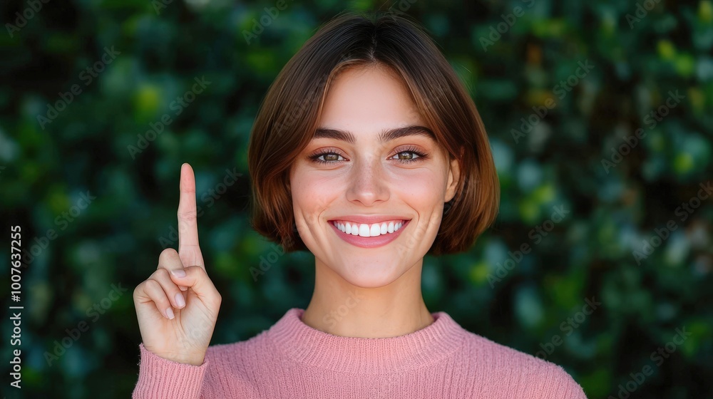 Happy Woman Pointing Finger Up Green Background Positive Idea Concept Happy Woman Pointing Finger Up Green Background Positive Idea Concept