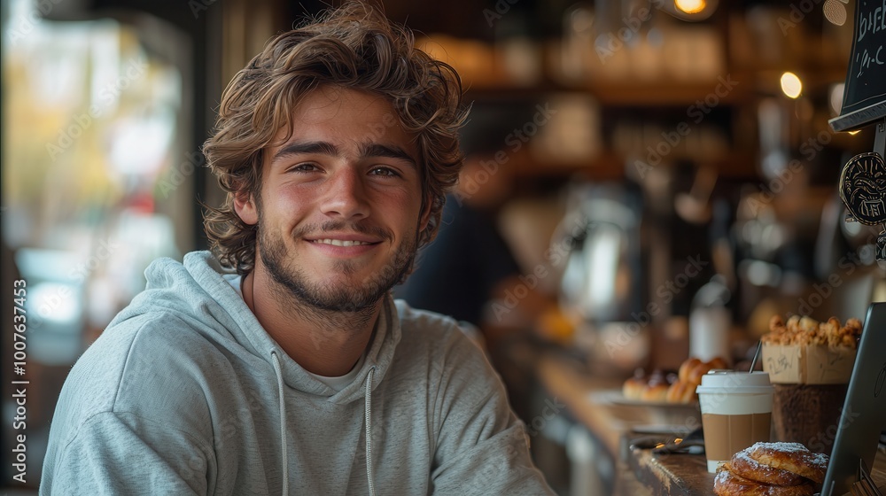 Smiling young man in cozy coffee shop setting Smiling young man in cozy coffee shop setting