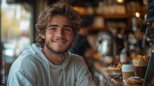 Smiling young man in cozy coffee shop setting