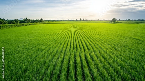 Lush green rice field under a bright sky, showcasing rows of vibrant crops and a peaceful rural setting. photo