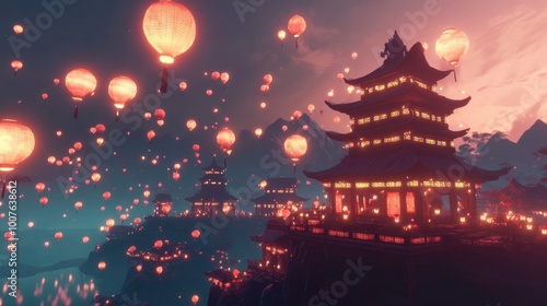 Illuminated Pagoda with Floating Lanterns in a Mountainous Landscape