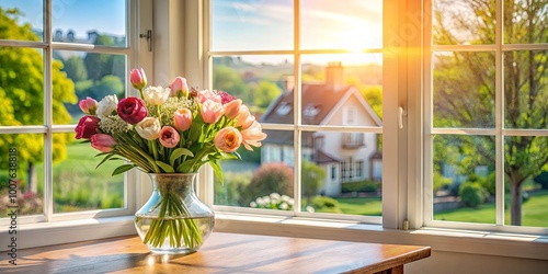 A Vibrant Bouquet of Tulips Basking in the Warmth of the Sun Through a Window
