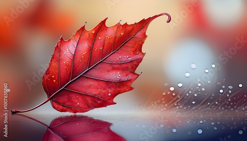 A crisp, vibrant red leaf, with visible dew drops and intricate textures, resting on an abst photo