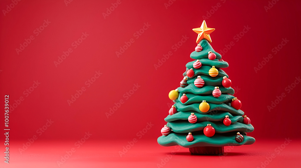 赤色背景に可愛い粘土細工風のクリスマスツリー 赤色背景に可愛い粘土細工風のクリスマスツリー