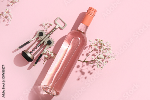Bottle of tasty pink wine w...