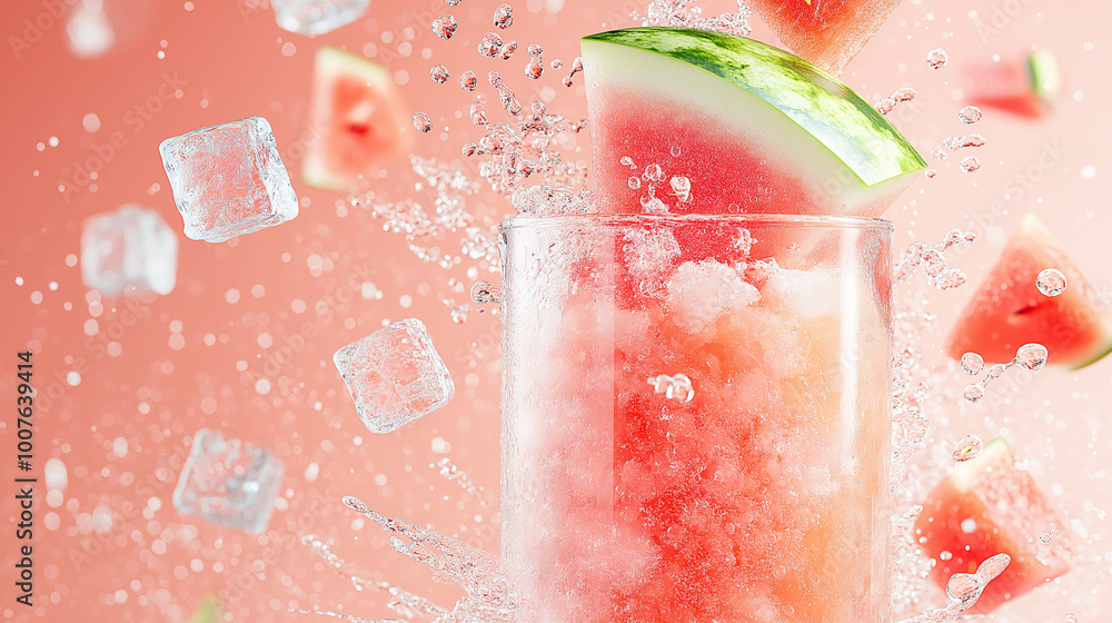 Fototapeta premium hyper-realistic, vibrant colors, watermelon in a glass bottle in focus, water droplets in slow motion, ice cubes floating in a translucent orange background,