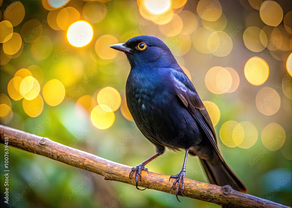 Elegant black colored birds perched on branches in a serene natural setting with soft bokeh background Elegant black colored birds perched on branches in a serene natural setting with soft bokeh background