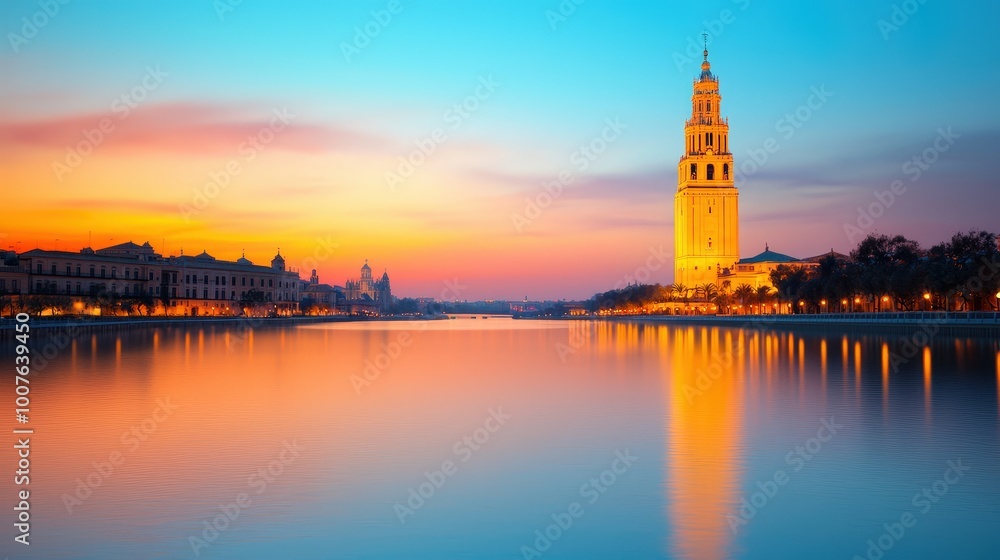 Seville Spain Giralda Tower Guadalquivir River Sunset Skyline Seville Spain Giralda Tower Guadalquivir River Sunset Skyline