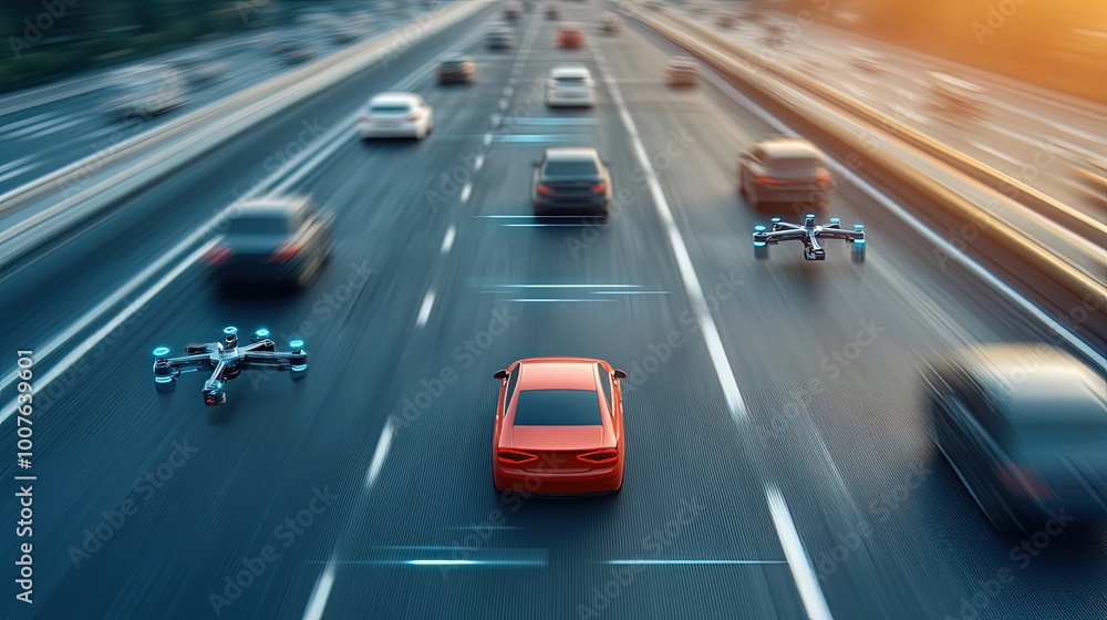 Futuristic Highway with Autonomous Cars and Drones Futuristic Highway with Autonomous Cars and Drones