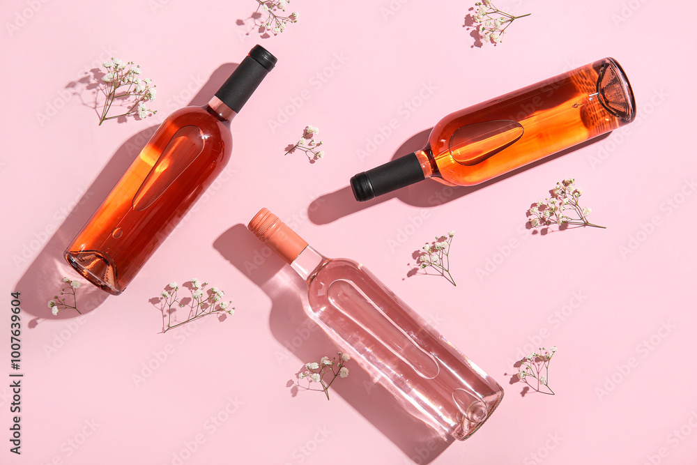 Bottles of tasty pink wine and beautiful gypsophila flowers on color background Bottles of tasty pink wine and beautiful gypsophila flowers on color background