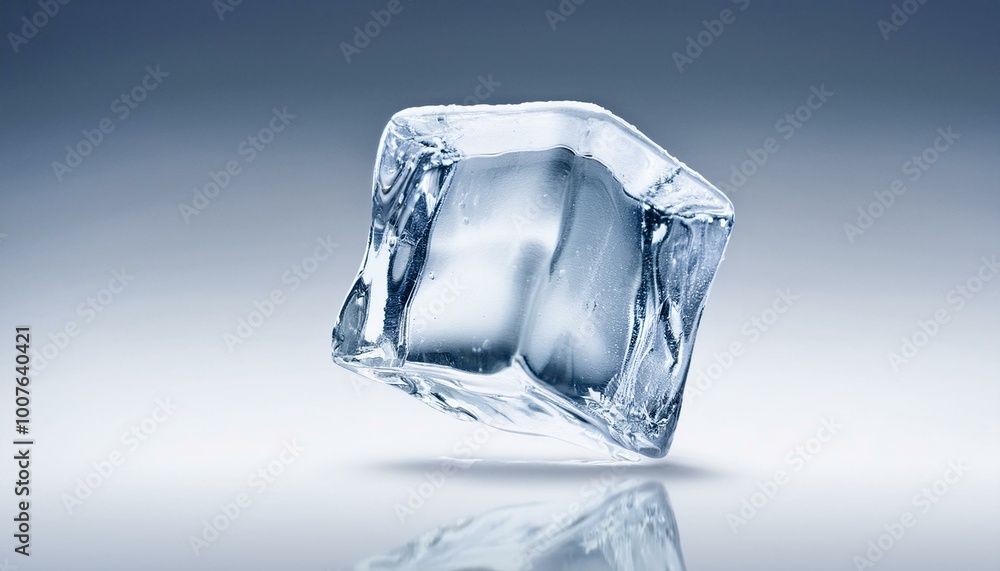 A perfectly symmetrical ice cube, mid-melt, spinning in the air with light reflections on it A perfectly symmetrical ice cube, mid-melt, spinning in the air with light reflections on it