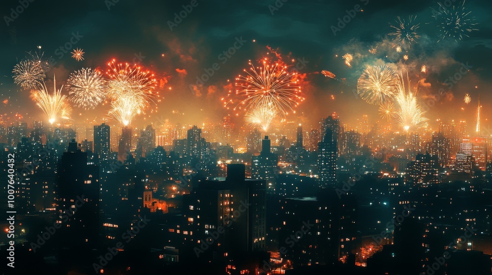 Fototapeta premium Fireworks Display Over a Cityscape at Night