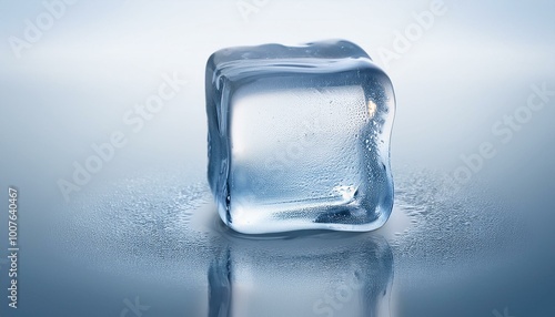 A perfectly symmetrical ice cube, mid-melt, spinning in the air with light reflections on it