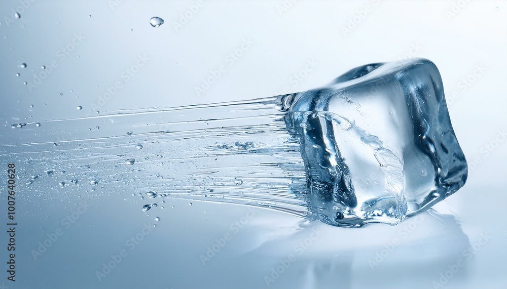A rapidly melting ice cube, its surface distorted and smooth, flying in mid-air with long st A rapidly melting ice cube, its surface distorted and smooth, flying in mid-air with long st