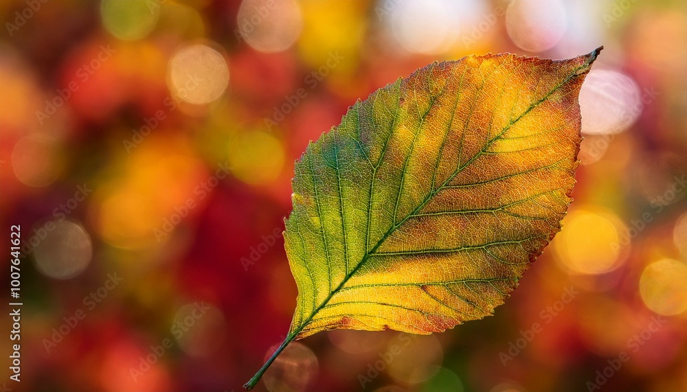 A textured greenish-yellow leaf with its veins illuminated by warm light, floating on an abs