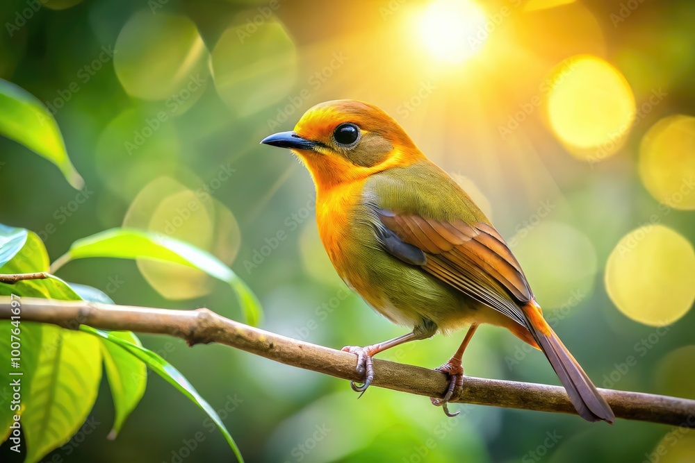 Obraz premium Elegant Gold Colored Birds Perched on Branches in a Lush Green Environment During Daylight