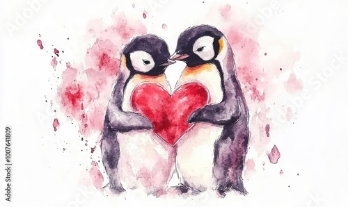 Cute Watercolor Penguins Holding a Heart photo