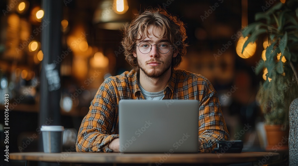 Obraz premium Young Man Working on Laptop in Cozy Café Setting