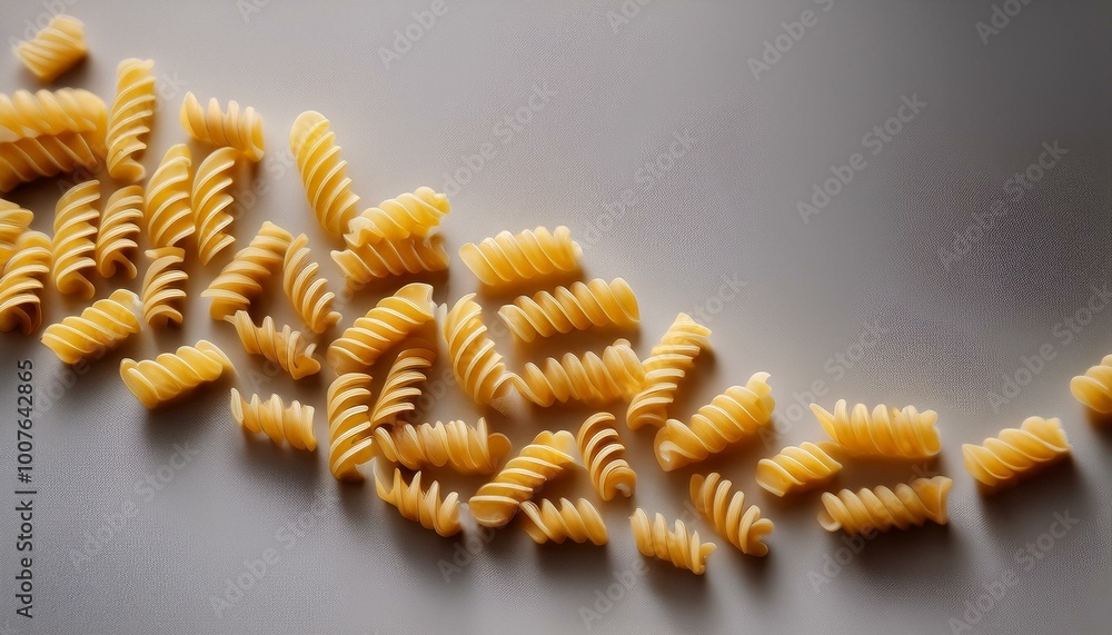 Fusilli pasta forming a subtle spiral pattern on a flat, minimalist grey background, with ea Fusilli pasta forming a subtle spiral pattern on a flat, minimalist grey background, with ea