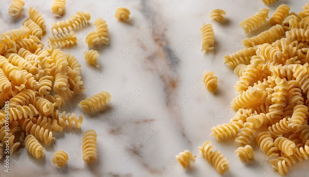 Scattered Fusilli and Rotini pasta across a pale marble countertop, with some pieces stacked Scattered Fusilli and Rotini pasta across a pale marble countertop, with some pieces stacked
