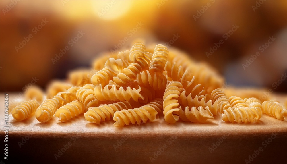 Side view of a pile of Rotini pasta, golden in color, sharply lit with the background gently Side view of a pile of Rotini pasta, golden in color, sharply lit with the background gently