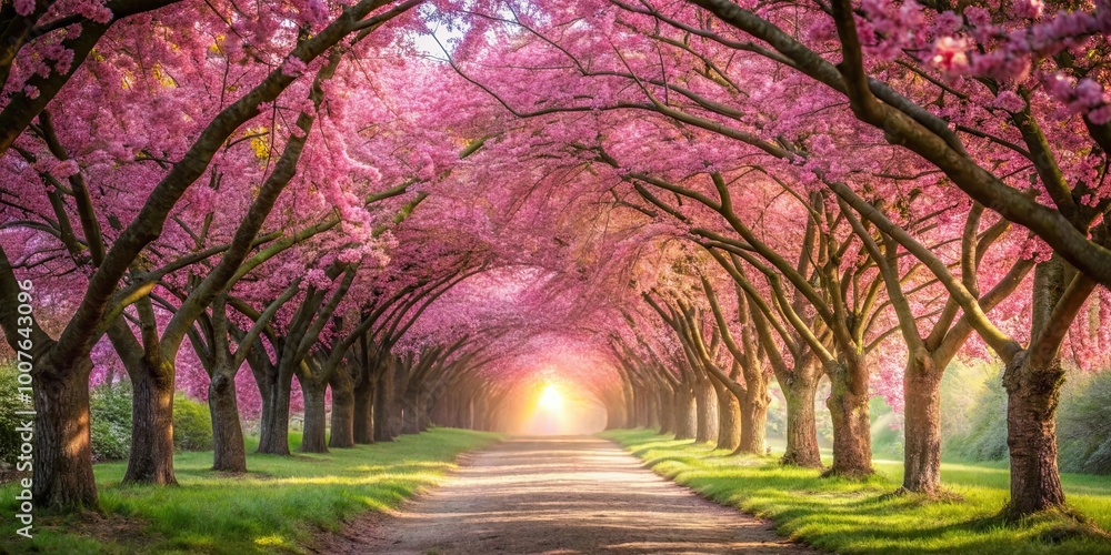 A path of light through an enchanting archway of blooming trees, bathed in the golden glow of the morning sun A path of light through an enchanting archway of blooming trees, bathed in the golden glow of the morning sun