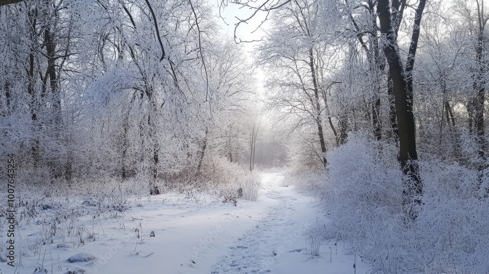 Fototapeta premium A Snow-Covered Forest Path with Sunlight Filtering Through the Trees