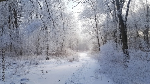 A Snow-Covered Forest Path with Sunlight Filtering Through the Trees