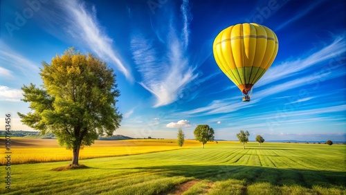 A vibrant yellow hot air balloon ascends above a verdant field, framed by the cerulean sky and wispy white clouds, casting a sense of freedom and tranquility. photo