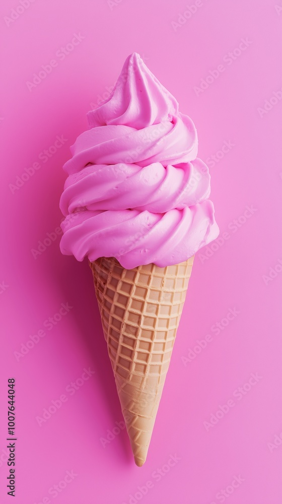 Delicious pink soft serve ice cream in a waffle cone against a bright pink backdrop Delicious pink soft serve ice cream in a waffle cone against a bright pink backdrop