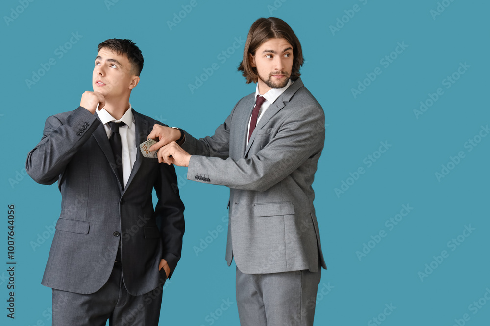 Young businessman putting bribe into man's pocket on blue background. Corruption concept Young businessman putting bribe into man's pocket on blue background. Corruption concept
