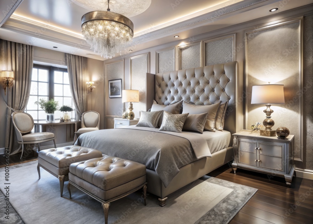 Fototapeta premium Elegant Luxury Silver and White Bedroom Design with Plush Bedding and Chic Decorative Accents