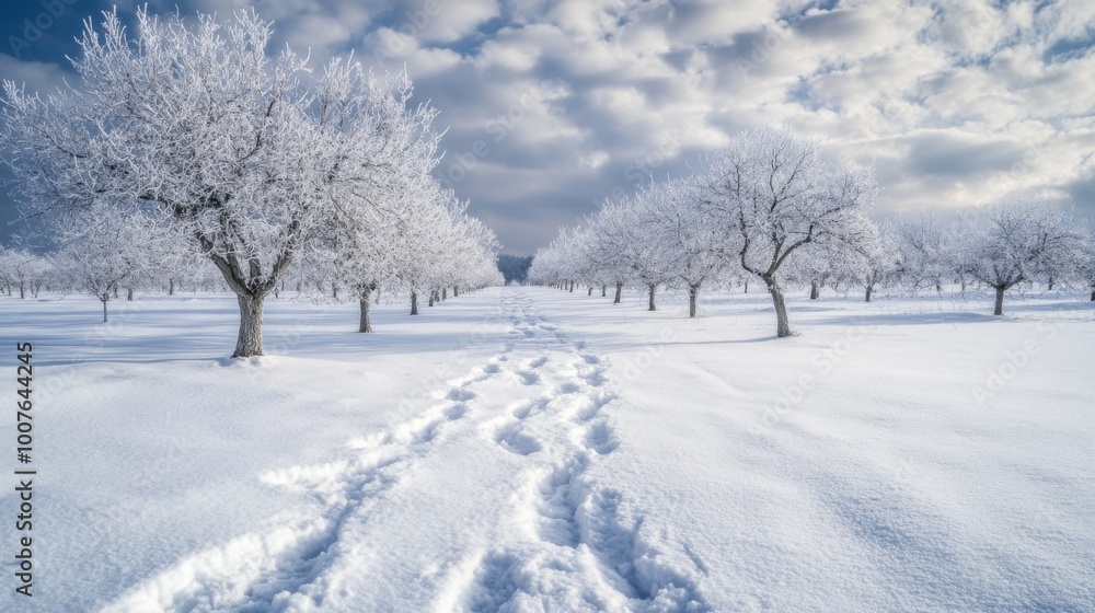 Snow-Covered Trees and Footprints in a Snowy Field Snow-Covered Trees and Footprints in a Snowy Field