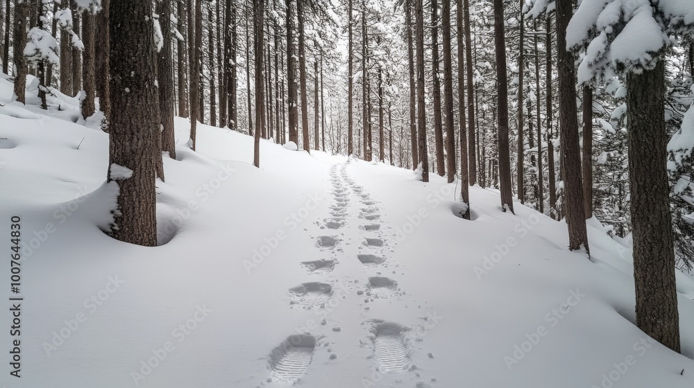 Naklejka premium Snow-Covered Forest Path with Footprints