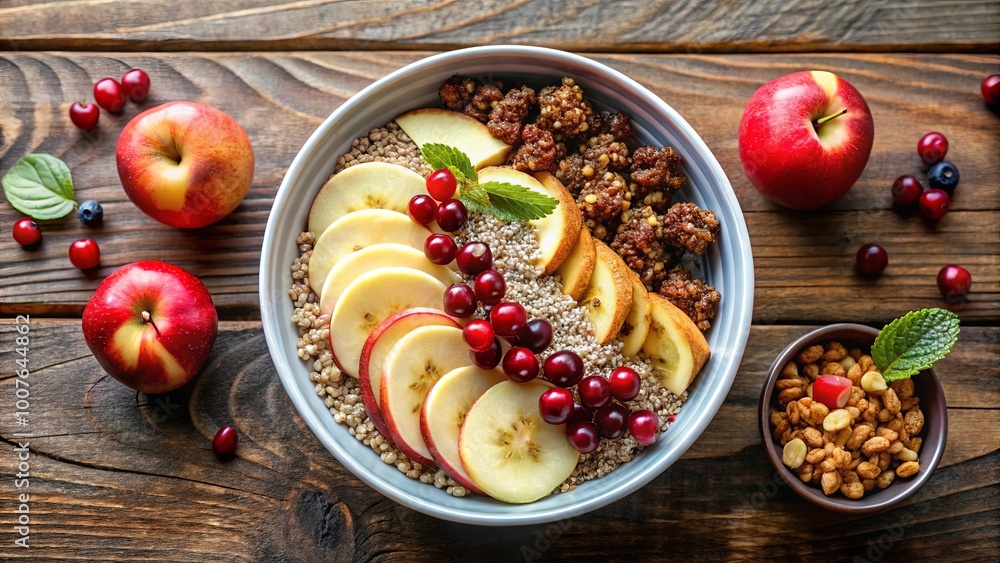 A Bowl of Grain, Sliced Apples, Cranberries, and Granola with a Side of Additional Granola and a Sprig of Mint on a Wooden Surface A Bowl of Grain, Sliced Apples, Cranberries, and Granola with a Side of Additional Granola and a Sprig of Mint on a Wooden Surface