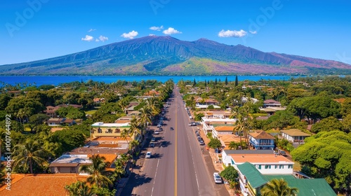 Aerial View of Lahaina Town  Maui  Hawaii with Mountain and Ocean