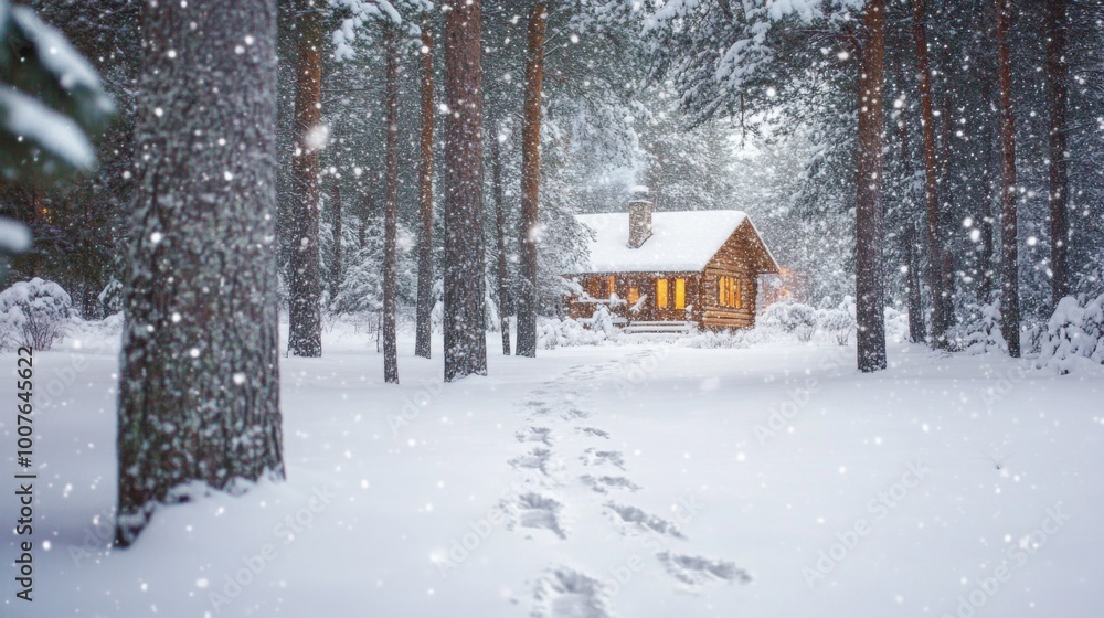 Fototapeta premium A Cozy Cabin Nestled in a Snow-Covered Forest