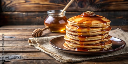 Wallpaper Mural A stack of golden brown pancakes drizzled with sweet syrup on a rustic wooden table Torontodigital.ca