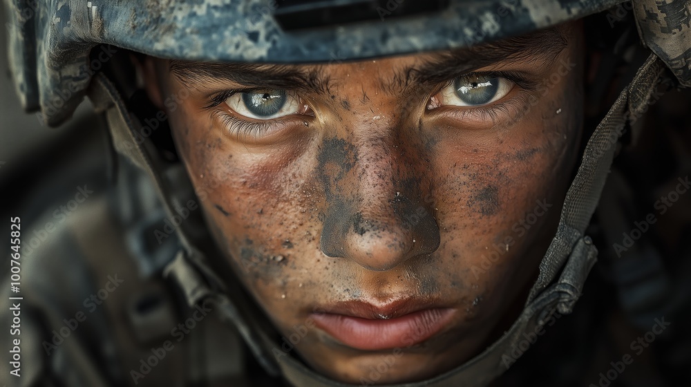 Close-Up of a Soldier's Intense Focus - Made with Generative AI Close-Up of a Soldier's Intense Focus - Made with Generative AI