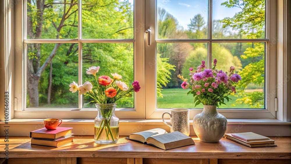 A Window View of Springtime Tranquility with a Cup of Coffee, Books, and Blooming Flowers in Vases on a Wooden Sill A Window View of Springtime Tranquility with a Cup of Coffee, Books, and Blooming Flowers in Vases on a Wooden Sill