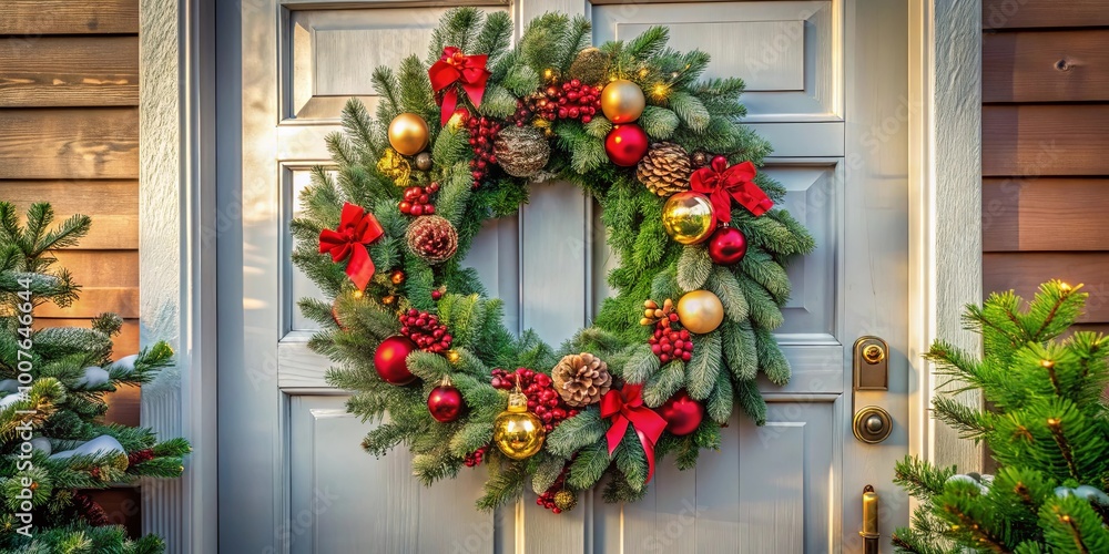 Naklejka premium A Festive Evergreen Wreath Adorned with Red Berries and Gold Baubles, Elegantly Gracing a White Door Surrounded by Evergreen Branches
