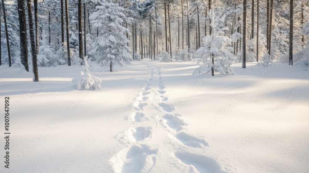 Snow-Covered Forest Path with Footprints Snow-Covered Forest Path with Footprints