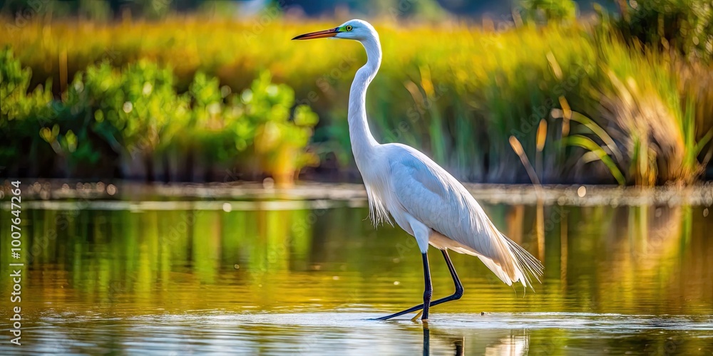 Obraz premium Elegant White Crane Standing Gracefully by the Water's Edge in Natural Habitat Setting
