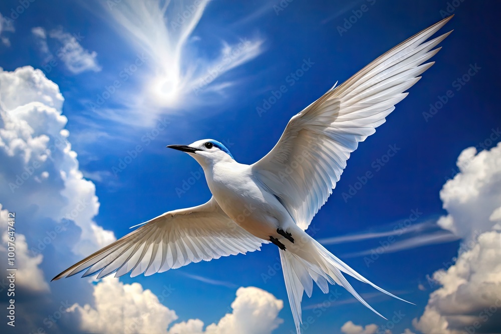 Elegant White Tern Bird in Flight Against a Clear Blue Sky with Soft Cloud Backgrounds Elegant White Tern Bird in Flight Against a Clear Blue Sky with Soft Cloud Backgrounds