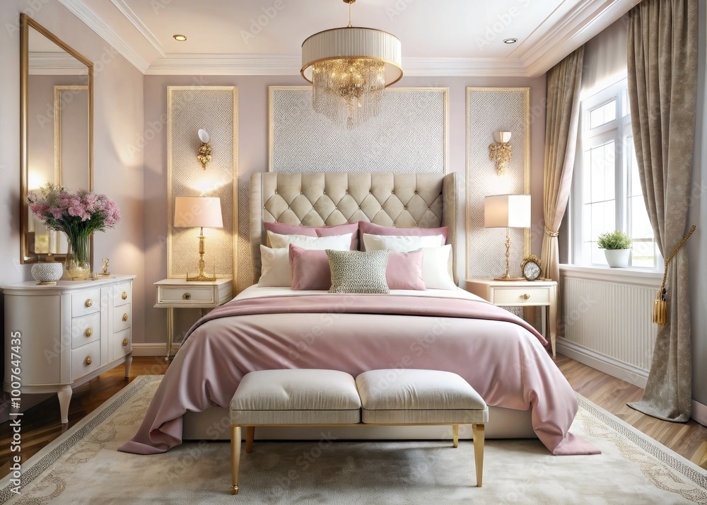 Fototapeta premium Elegant White, Pink, and Gold Bedroom Decor with Stylish Furnishings and Soft Textiles for Comfort