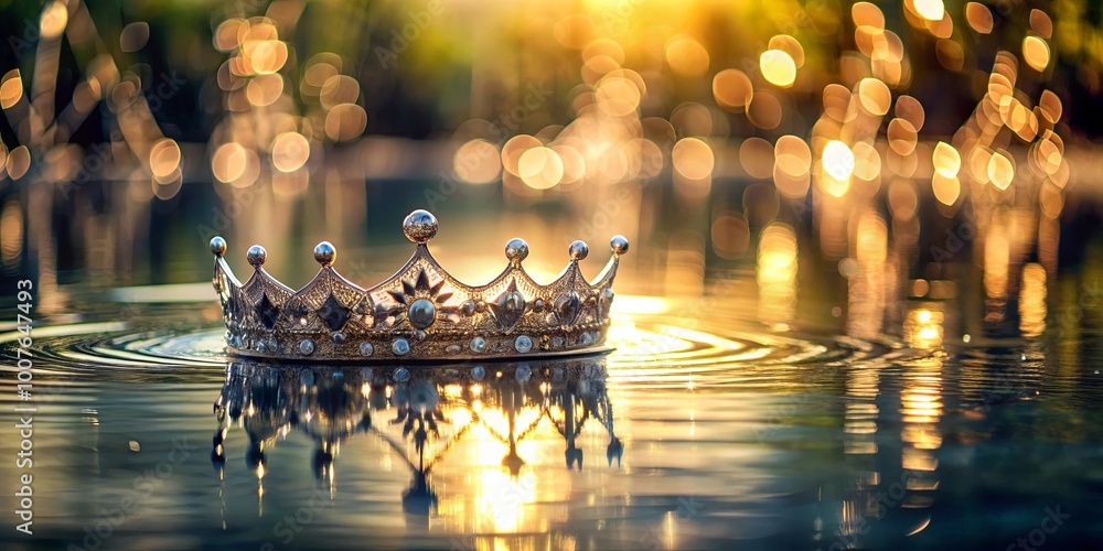 A golden crown rests on tranquil water, bathed in the warm glow of the setting sun, creating a captivating interplay of light and reflection. A golden crown rests on tranquil water, bathed in the warm glow of the setting sun, creating a captivating interplay of light and reflection.