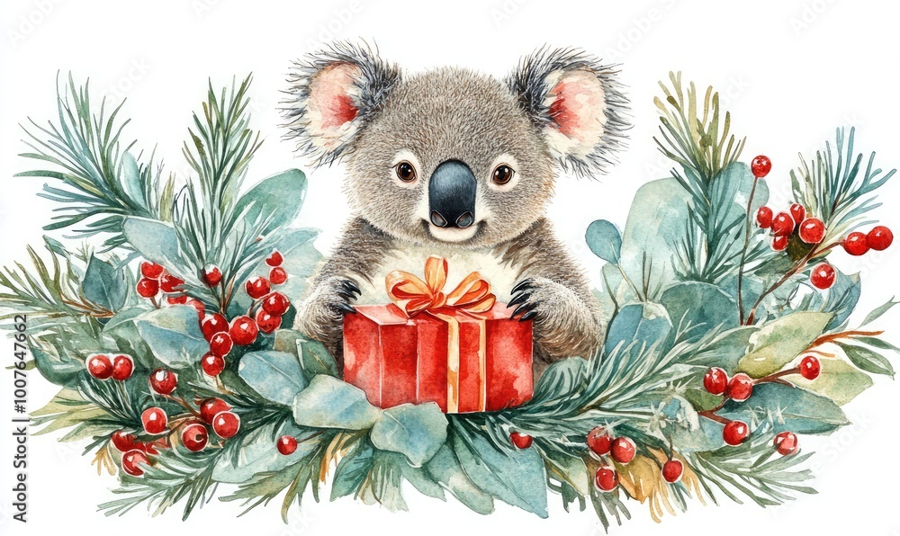 Koala in Christmas Wreath with Gift Box Koala in Christmas Wreath with Gift Box